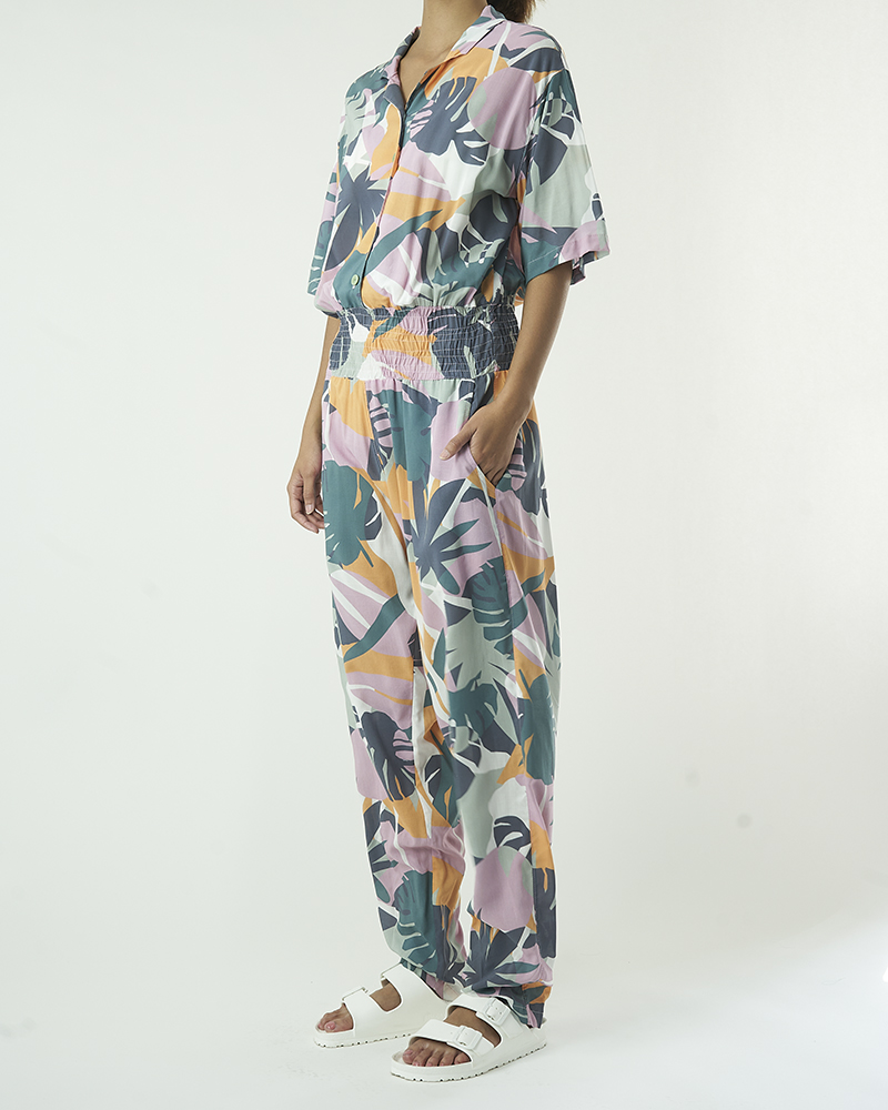 Paradised pink tropical print rayon voile jumpsuit with shirred waistband