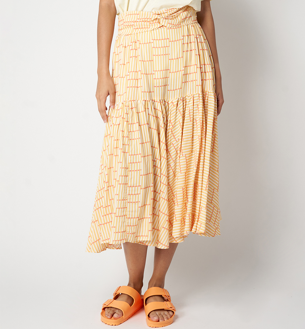 Paradised heirloom stripe print midi skirt with elasticated waistband